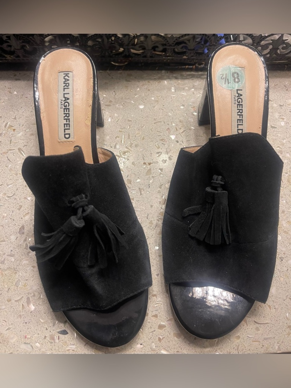 Karl Lagerfeld Black Suede Tassel Open-Toe Mules